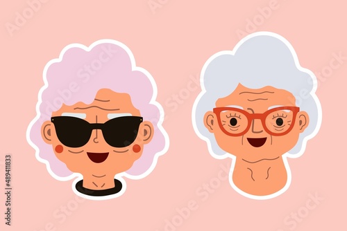 Vector illustration set with aged women heads. Funny and trendy female print design with grannies