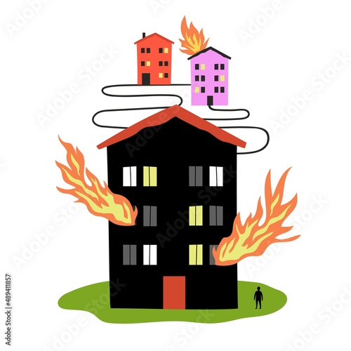 Vector illustration with man silhouette, houses and city are burning in fire. Catastrophe and disaster print design