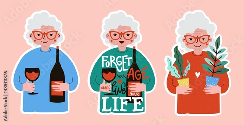 Vector illustration set with aged women. Wine bottle and glasses, plants and lettering phrase. Colored typography collection, active lifestyle print designs, home decoration posters