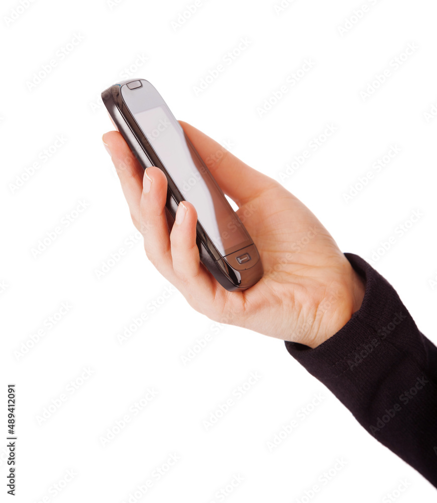 This smartphone is simple and effective. Cropped shot of an unrecognizable woman using her smartphone against a white background. This smartphone is simple and effective. Cropped shot of an unrecognizable woman using her smartphone against a white background.