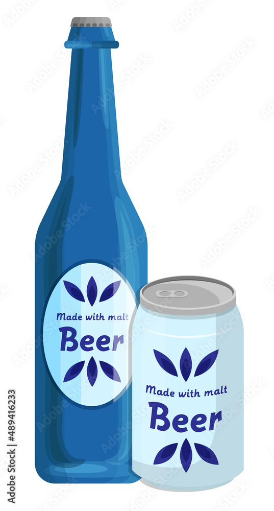Bottle of beer and can blue color concept illustration template vector Bottle of beer and can blue color concept illustration template vector