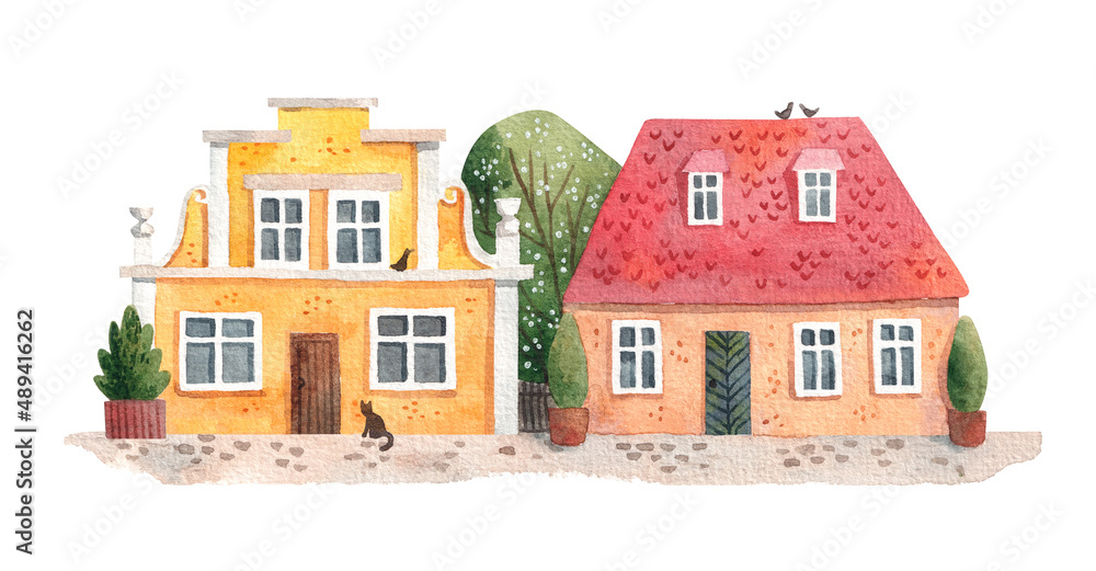 Watercolor illustration of two houses. Summer or spring street of an old town somewhere in Europe. Old city buildings. Blossoming tree.  