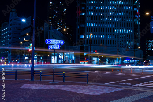 A night traffic jam at the city crossing in Tokyo wide shot