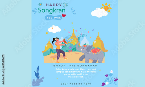 Happy Songkran Festival Playing Water in Temple. Thailand Traditional New Year's Day Illustration
