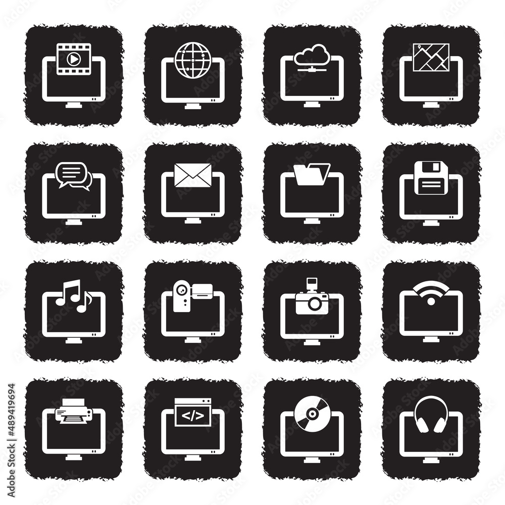 Computer Software Icons. Grunge Black Flat Design. Vector Illustration.