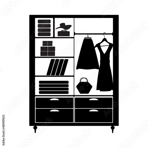 Wardrobe with clothes icon isolated on white background. Closet black pictogram. Wardrobe silhouette. Dresser pictogram. Cloakroom furniture. Room interior. Cupboard full of things.Vector illustration