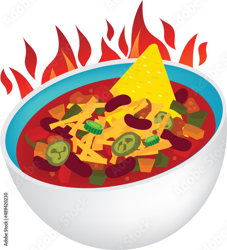 Delicous fire loaded chili con carne bowl cheese mexican  illustration