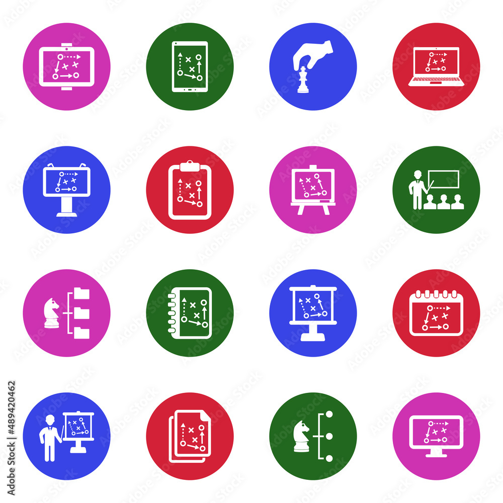 Business Strategy Icons. White Flat Design In Circle. Vector Illustration.