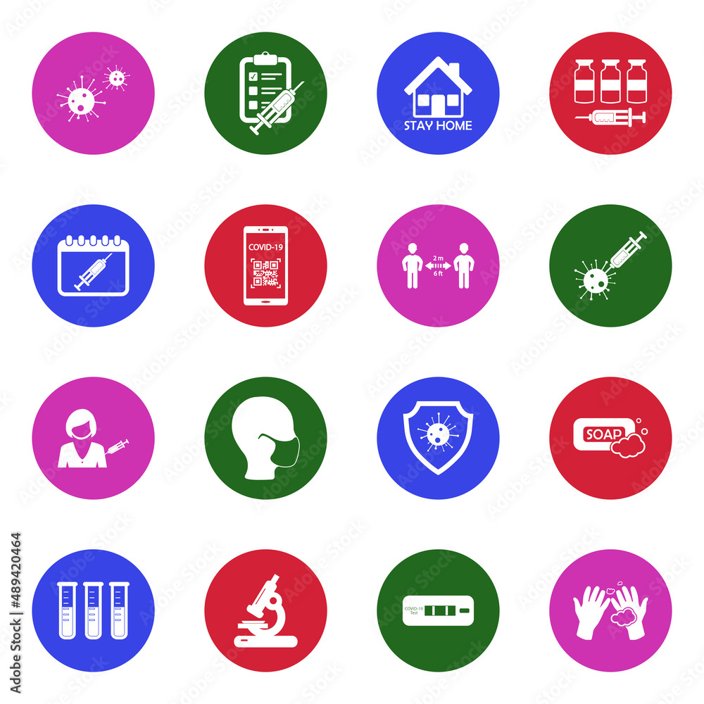 COVID 19 Icons. White Flat Design In Circle. Vector Illustration. COVID 19 Icons. White Flat Design In Circle. Vector Illustration.