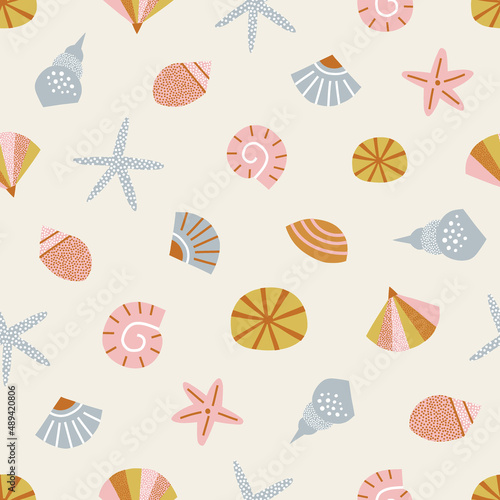 Sea shell Conch Starfish vector seamless pattern. Abstract cockleshells marine life background. Scandinavian decorative childish surface design for nautical nursery navy kids fabric.
