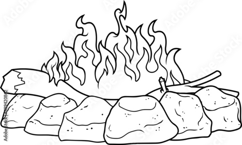 Outlined  Cartoon Camp Fire With Flames. Vector Hand Drawn Illustration Isolated On White Background