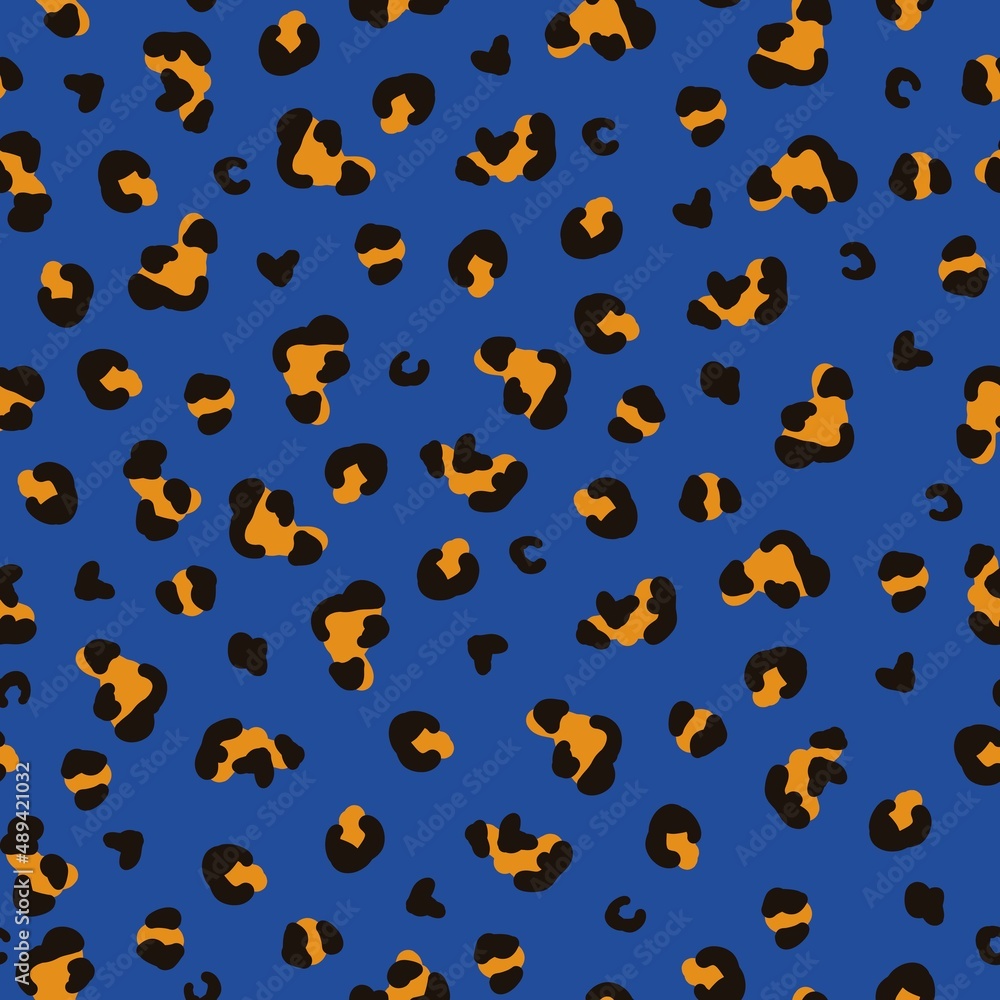 Seamless abstract pattern. black and orange leopard spots on a blue background. vector texture. trendy print for textiles, wallpaper. Seamless abstract pattern. black and orange leopard spots on a blue background. vector texture. trendy print for textiles, wallpaper.