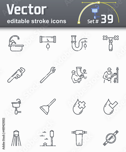 Vector plumbing editable stroke line icons isolated