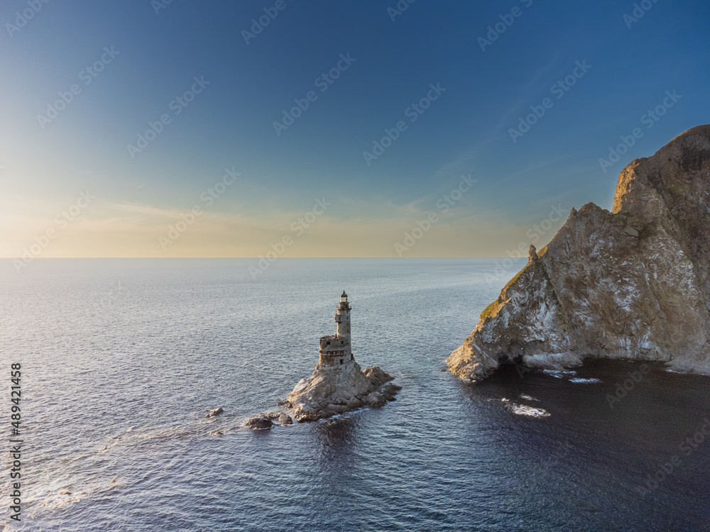 The abandoned lighthouse Aniva in the Sakhalin Island,Russia. Aerial View.