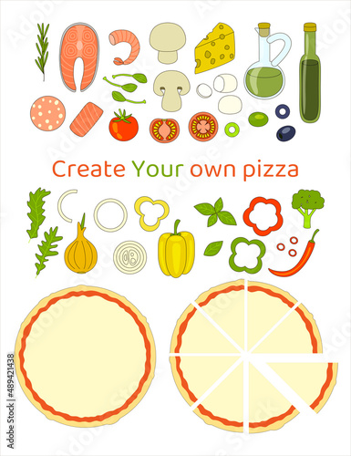Pizza constructor set, base and ingredients for topping to create pizza