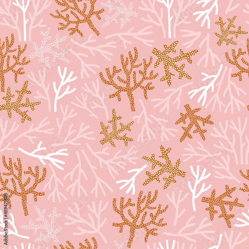 Sea corals vector seamless pattern. Underwater world coral reef background. Scandinavian decorative childish surface design for nautical nursery and navy kids fabric.