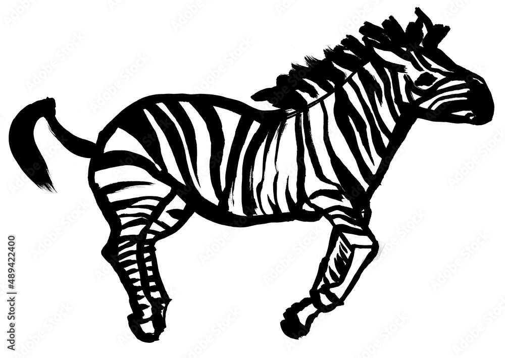 Fototapeta premium drawing of a running zebra drawn in black gouache isolated on a white background for posters and interior decoration, as well as prints for clothes and stationery