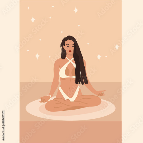 Yoga with a girl. A faceless character doing yoga. Classes, online training, work, home. illustration. Vector. Can be used to create collages in web design