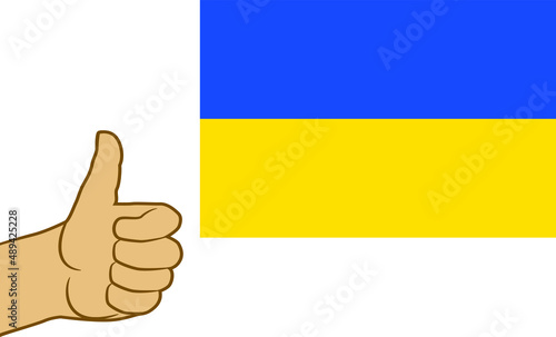 Flag of Ukraine and Hand with thumb up, gesture of approval. Like, finger sign, flat vector illustration. Tumb up -  illustration eps10.