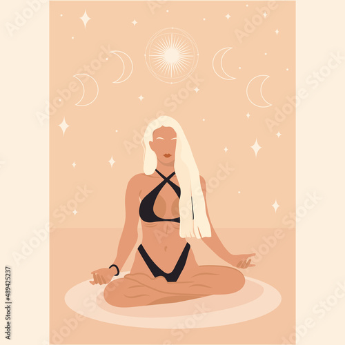 Yoga with a girl. A faceless character doing yoga. Classes, online training, work, home. illustration. Vector. Can be used to create collages in web design