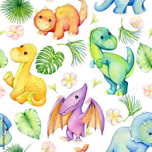 Cute, colorful, dinosaurs, in cartoon style. Watercolor seamless pattern, on an isolated background.