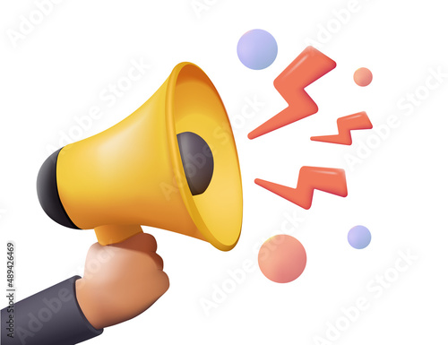 Cartoon hand holding megaphone 3d render on white background with copy space. Digital Marketing concept. 3d Vector.