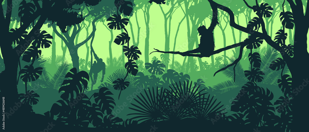 Beautiful vector landscape of a rainforest jungle with orangutan monkeys and lush foliage in green colors. - obrazy, fototapety, plakaty 