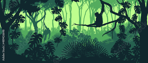 Fényképezés Beautiful vector landscape of a rainforest jungle with orangutan monkeys and lush foliage in green colors