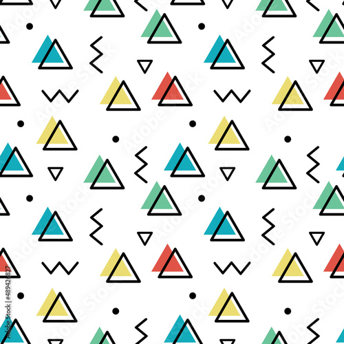 Memphis wallpaper with abstract shapes - triangles  zigzag lines  dots. Seamless pattern. Vector illustration.