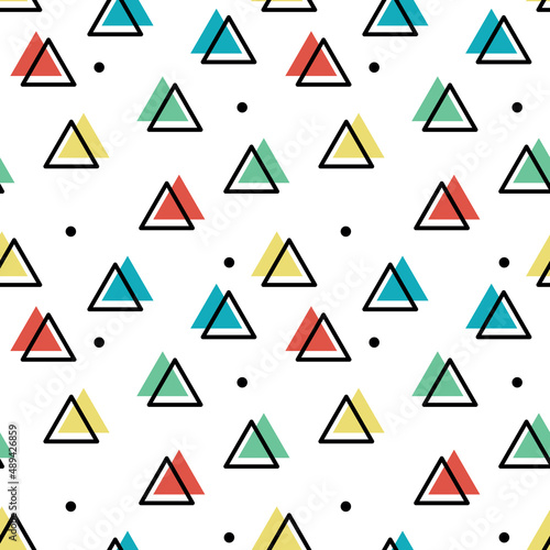 Memphis wallpaper with abstract shapes - triangles, dots. Seamless pattern. Vector illustration.