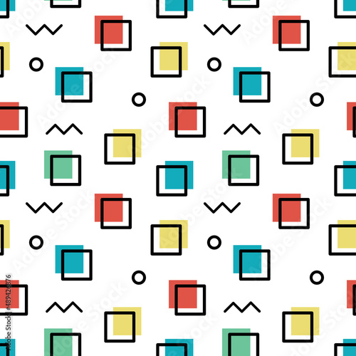 Memphis wallpaper with abstract shapes - square, dots, zigzag. Seamless pattern. Vector illustration.