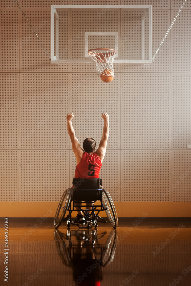 Wheelchair Basketball Play Player Shooting Ball Successfully, Scoring a Perfect Goal