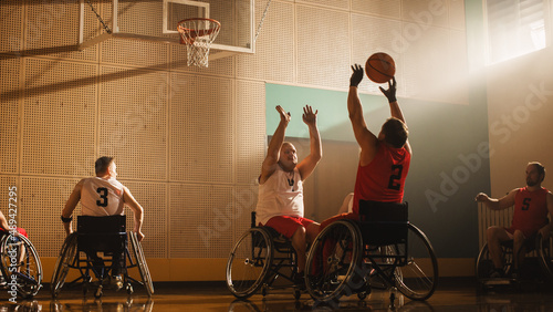 Schilderij op canvas Wheelchair Basketball Game Court: Players Competing, Dribbling, Shooting it Successfully to Score Goal Points
