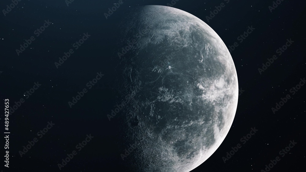 Realistic moon. Moon in open space over stars. 3d rendering - obrazy, fototapety, plakaty 