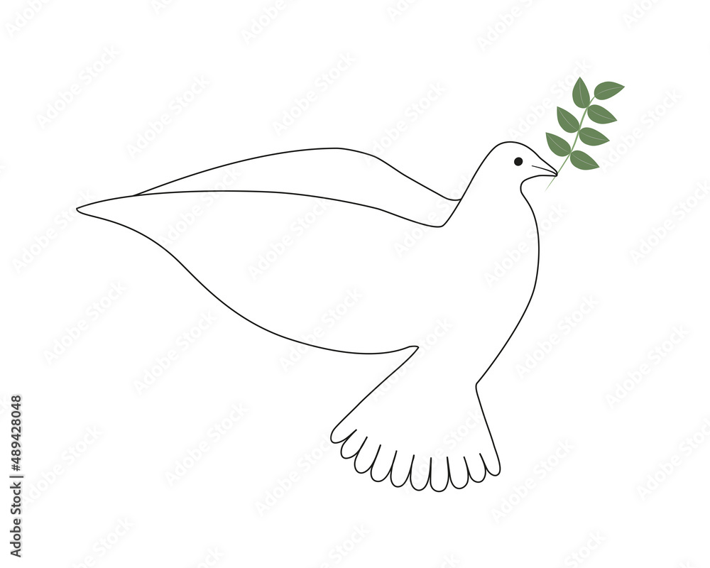 Dove line drawing with a green leafy branch in its beak. Vector illustration. Dove line drawing with a green leafy branch in its beak. Vector illustration.