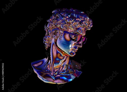 3D illustration of a holographic sculpture of a bust in glasses. Futuristic vaporwave style image.