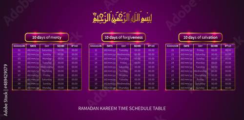 Ramadan calendar with sehri and iftar time schedule table