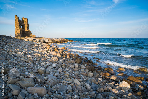 Amendolara, Cosenza district, Calabria, Italy, Europe, view of the coast of Amendolara Marina with the ancient Spaccata tower