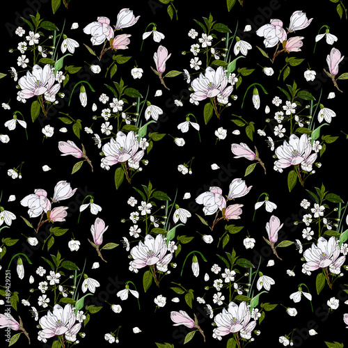 cherry blossom; sakura and magnolia seamless pattern. Delicate spring background with cherry flowers