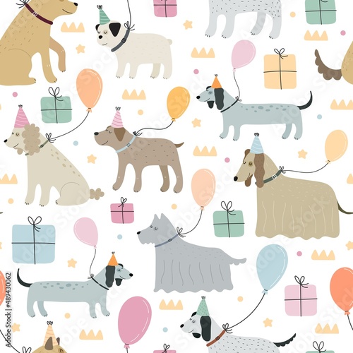 Seamless pattern with cartoon dogs, balloons, decor elements. Festive colorful vector, flat style. hand drawing. happy Birthday. kids design for print, wrappers