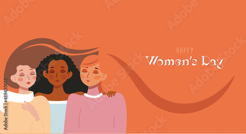 Happy women's day landing page template. Web page design for March 8 womens day with diverse women with long hair concept. Flat vector modern illustrations. Sisterhood and female friendship banner