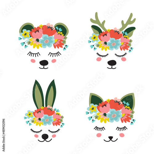 The face of a cute deer  hare  kitten and bear  a wreath of flowers on his head. Animals head eyes closed and smiling. Vector flat illustration.