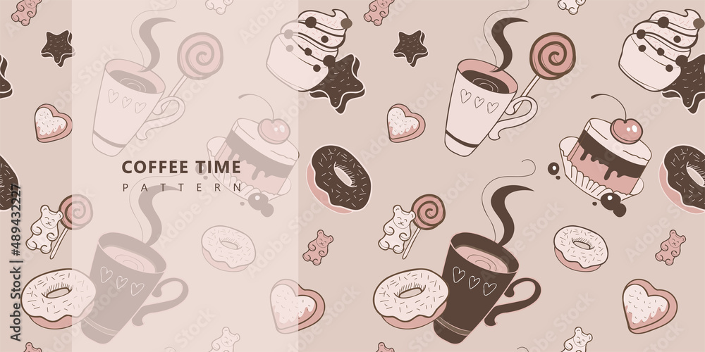 Vector sweets pattern with illustration elements cup, cake, donut and decorations. Brown doodle design. Vector sweets pattern with illustration elements cup, cake, donut and decorations. Brown doodle design.