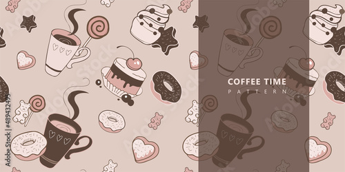 Vector sweets pattern with illustration elements cup, cake, donut and decorations. Brown doodle design.