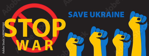 Human fist in Ukraine flag colors. Stop the war in Ukraine. Pray for Ukraine. Vector illustration