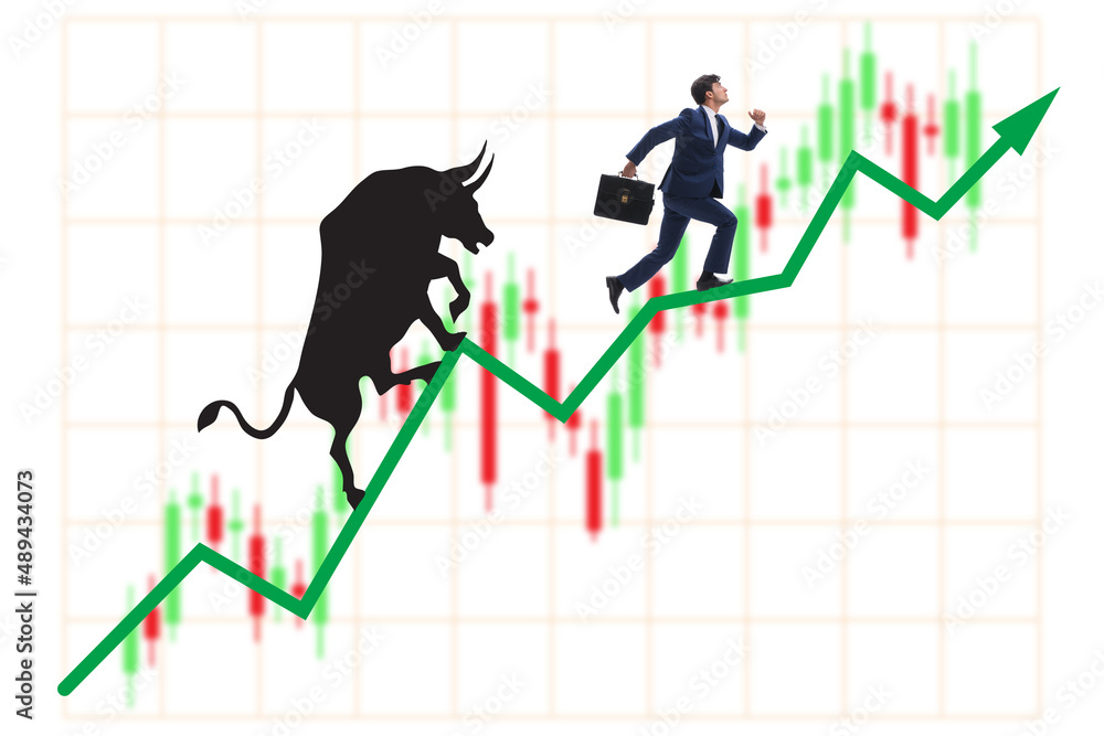 Businessman in illustration of bullish market Businessman in illustration of bullish market