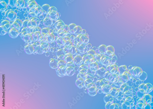 Shampoo bubble. Detergent bath foam, suds and soap for bathtub. Blue Aqua fizz and splash. Realistic water frame and border. 3d vector illustration invite. colorful liquid shampoo bubble.