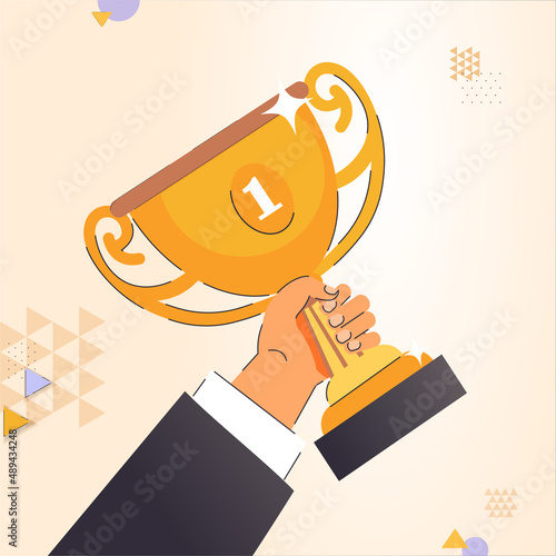Hand with golden trophy cup, symbol of victory. Abstract vector trophy isolated on white background. Champions award, sports victory concept. Success of the competition, first place, solemn ceremony.