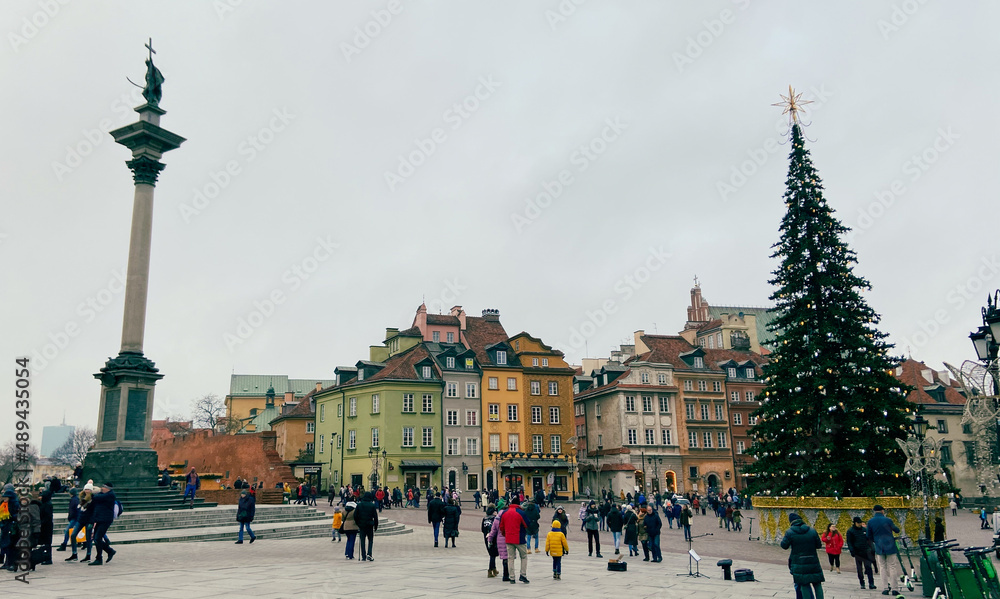 square in the center of Warsaw with a Christmas tree