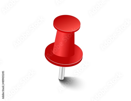 Red pins tacks flags. Attach buttons on needles, pinned office thumbtack. Vector illustration.